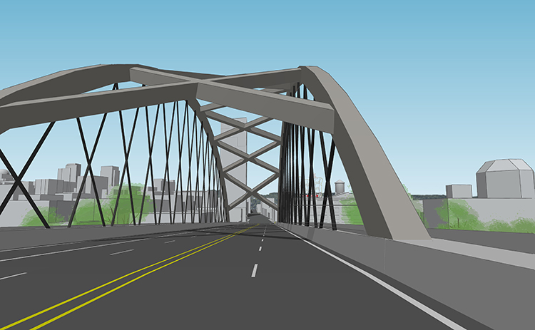 用于西进路的系杆拱桥类型的数位视图跨越了市中心历史街区的阻碍视线和桥上流行的“俄勒冈州波特兰”标志。